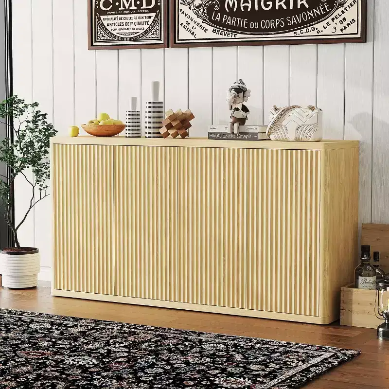 66.3in Large Sideboard Buffet Cabinet, Kitchen Modern Fluted Cupboard,Coffee Bar Console Storage Cabinet with Adjustable Shelves for Living Room