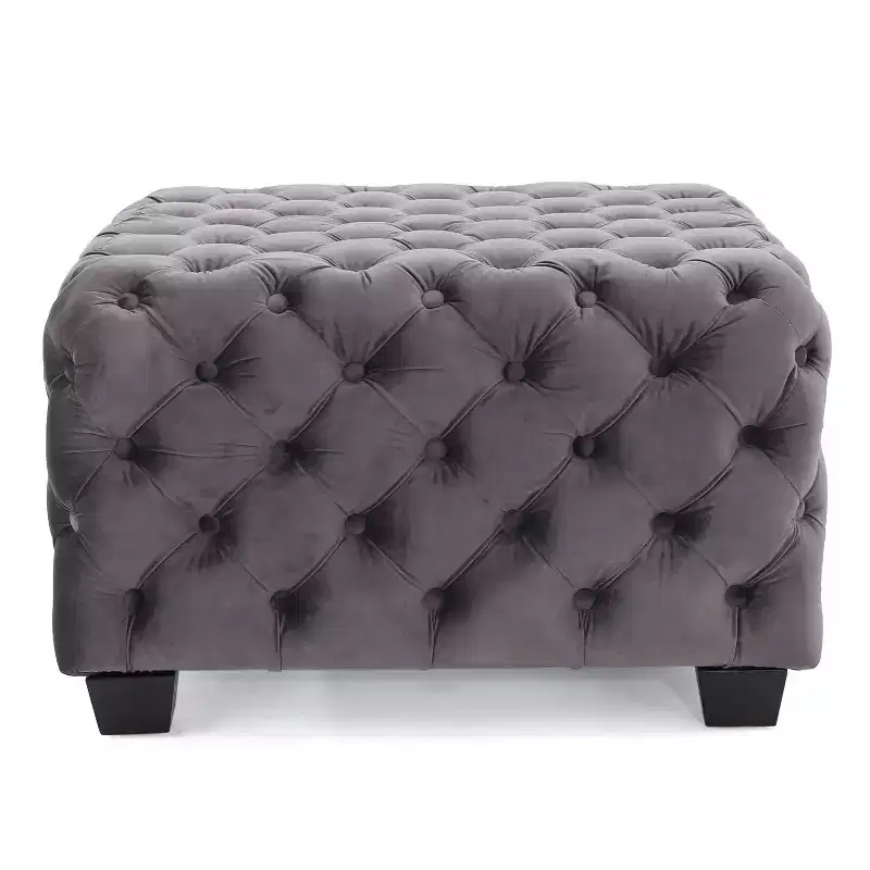 Gray / Navy Blue Velvet Button Tufted Square Ottoman – Seats 1