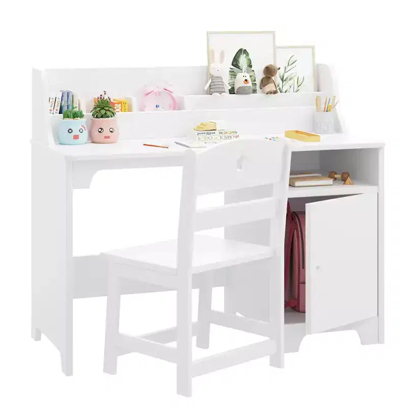 GustoWave Kids Study Desk with Chair,Wooden Children Study Table, Kids Desk & Chair Sets with Hutch and Storage Cabinet for 3-12 Year Old