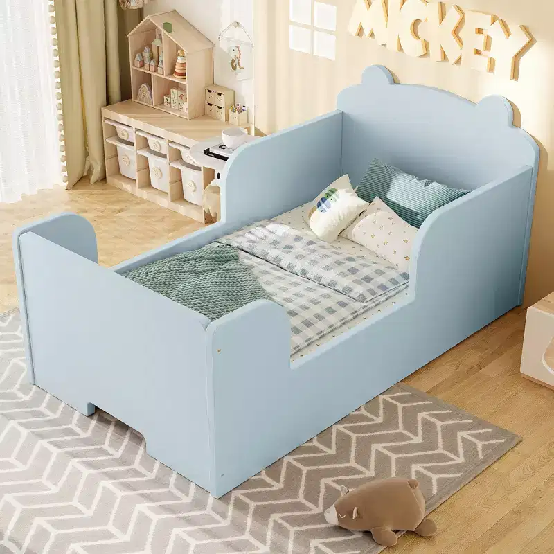 Bellemave Toddler Floor Bed with Safety Guardrails and Bear Shape,Solid Wood Cot Bed Frame for Boys and Girls,No Box Spring Needed