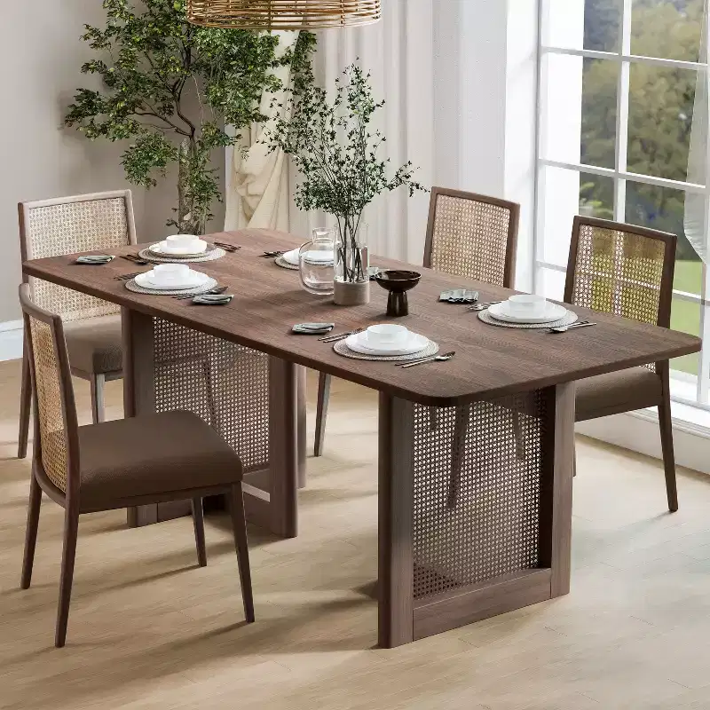 PexFix 67 x 33.5 Farmhouse Kitchen Dining Room Table Furniture Square Walnut Kitchen Table with Rattan Woven Legs for Kitchen Bar Living Room