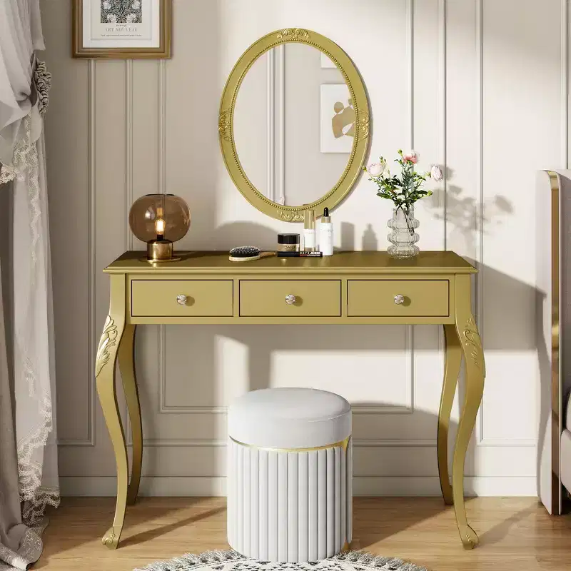 Whisen Luxury Makeup Vanity Desk, 3-Drawer Dressing Table, Elegant Console Table with Oval Mirror