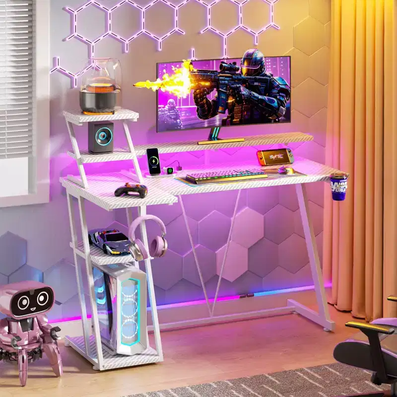 39 inch White Gaming Desk Small L Shaped Computer Table with Monitor Stand Storage Shelves Modern Gamer Corner Desk Office Carbon Fiber Sturdy Study