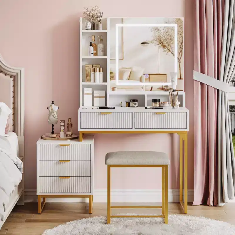 White and gold vanity set with lighted mirror, three modes, five drawers, detachable side cabinet, four-tier open shelves, and cushioned stool