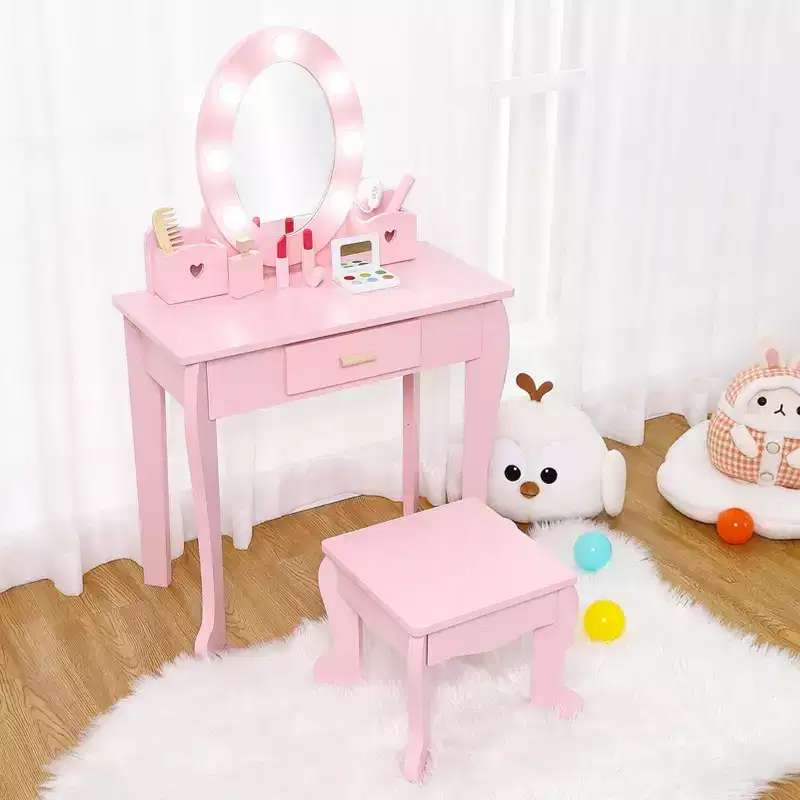 Children's dressing table set,pretend game girl dressing table and chair set,with light colored mirror,stool and wooden makeup toys
