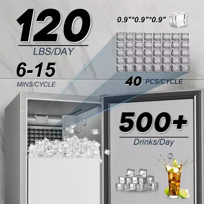 Denjol Commercial Ice Maker (15-Inch, 120 lb/24H Full Cubes) - Freestanding/Built-in Design