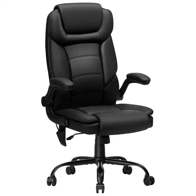 Hoffree Leather Reclining Office Chair Ergonomic Swivel Chair with Inflatable Lumbar Support & Armrest