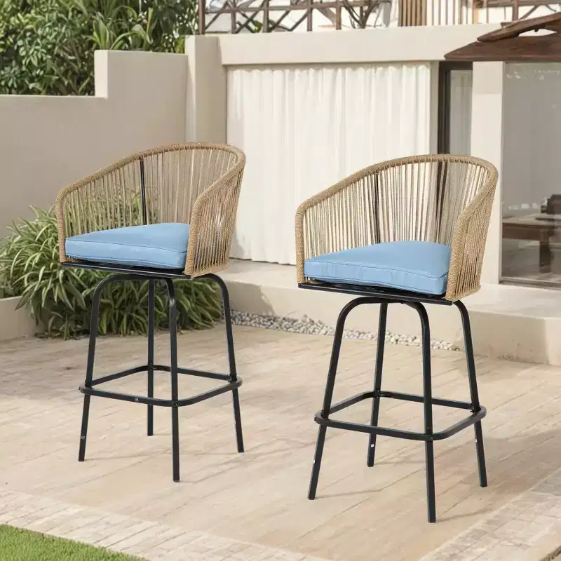 Whisen 2-Piece Patio Bar Stools with Armrests & Backrest, Wicker Bar Stools for Backyard, Garden
