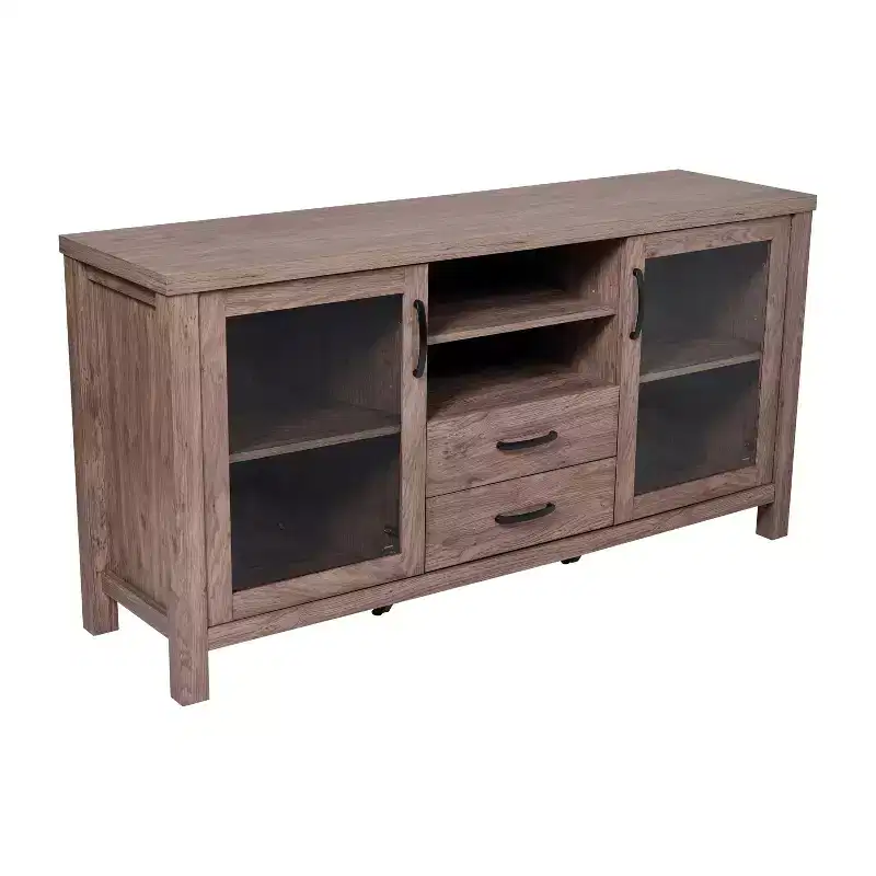 Buffet Sideboard Cabinet with 2 Drawers, Soft-Close Tempered Glass Doors & Open Shelf