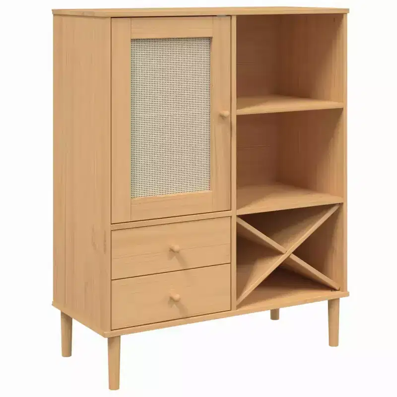 Highboard Tall Storage Side Cabinet Rattan Look Solid Wood Pine