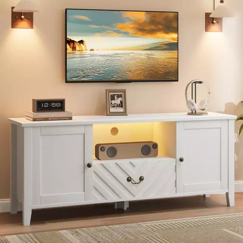 Farmhouse TV Stand for TV up to 70 Inch, Media Console with V-Shaped Pattern Drawer