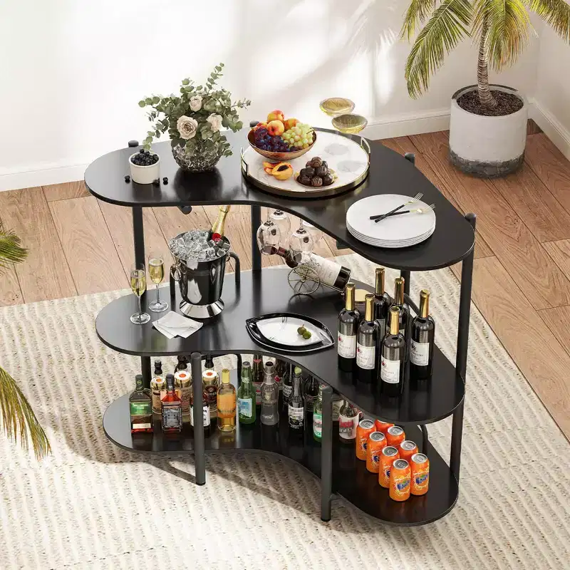 3-Tier Home Bar Unit with Stemware Racks & Storage Shelves with Metal Frame Brown/Black