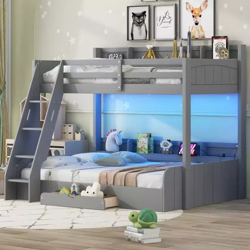 Whisen Twin over Full Bunk Bed & Bed Frame with Storage Shelves, LED, Charging Station and a Drawer