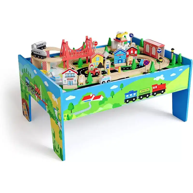 2-in-1 Train Table & Study Desk, 80 Pieces Wooden Kids Activity Playset with Tracks, Railway, Train & City Accessories, Gift for Toddler Boys Girls