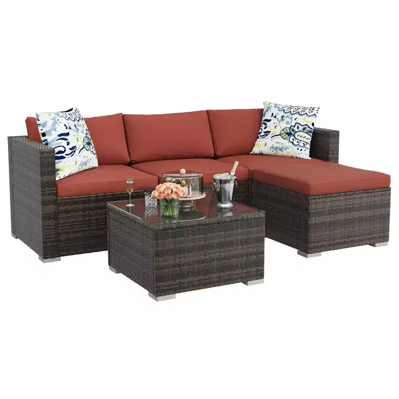 5-Piece Outdoor Patio Furniture,PE Rattan Sectional Sofa Chiar with Ottoman&Glass Coffee Table,All-Weather Conversation Set for Garden Backyard Porch