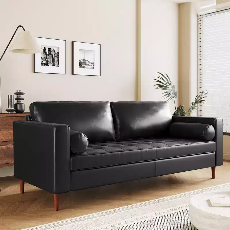Whisen PU Leather 3-Seat Sofa, Mid-Century Modern Sofa Couch with Tufted Design, Solid Wood Legs, 2 Bolster Pillows