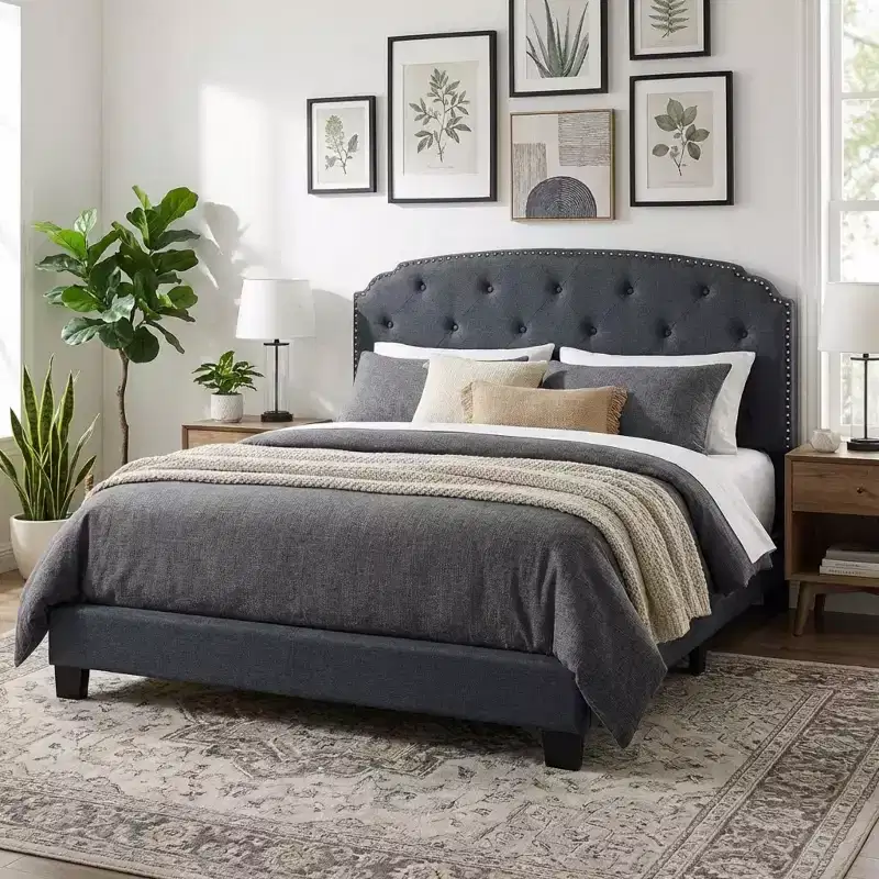 GDFStudio Everett European Classic Burlap Upholstered Platform Bed Frame with Button Tufted Nailhead Trim Headboard