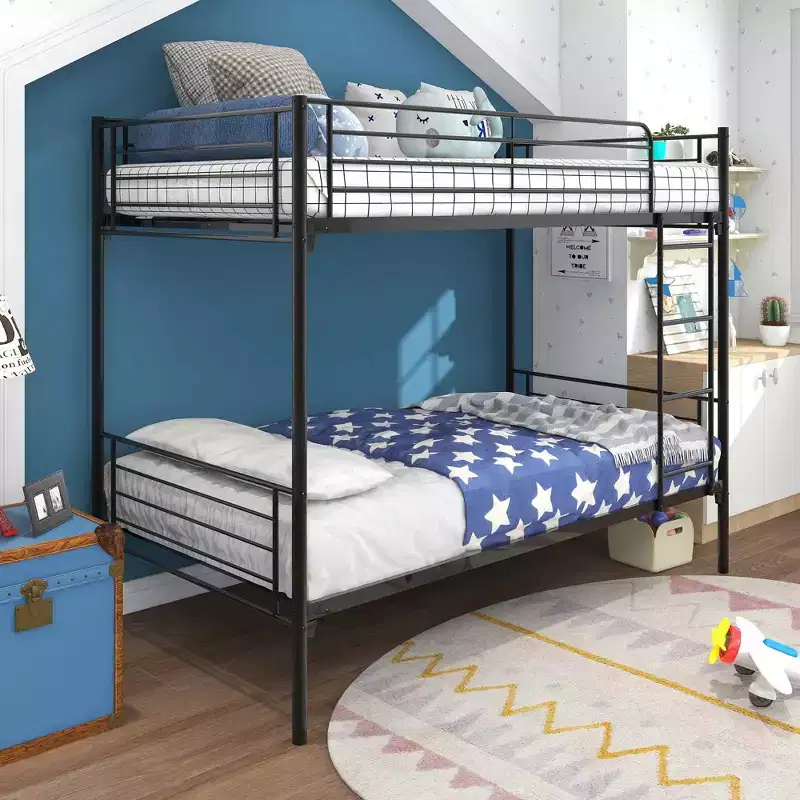 Okak Moedern Twin over Twin Bunk Bed, Kids Bunk Beds with Metal Frame and Build-In Ladder, Space-Saving Bunk Bed for Bedroom