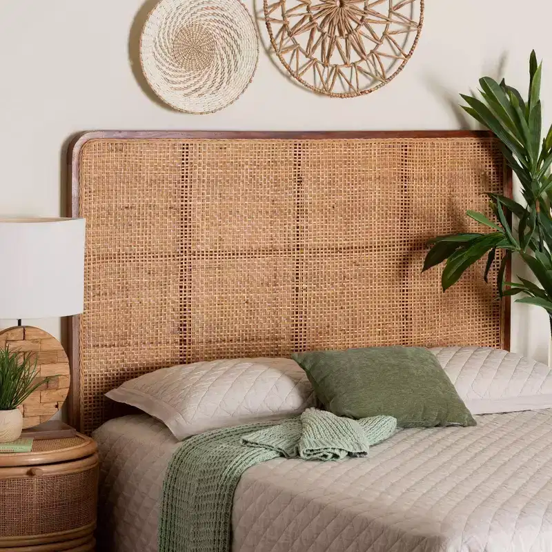 Queen Size Rattan and Mahogany Wood Headboard Light Honey/Red Teak