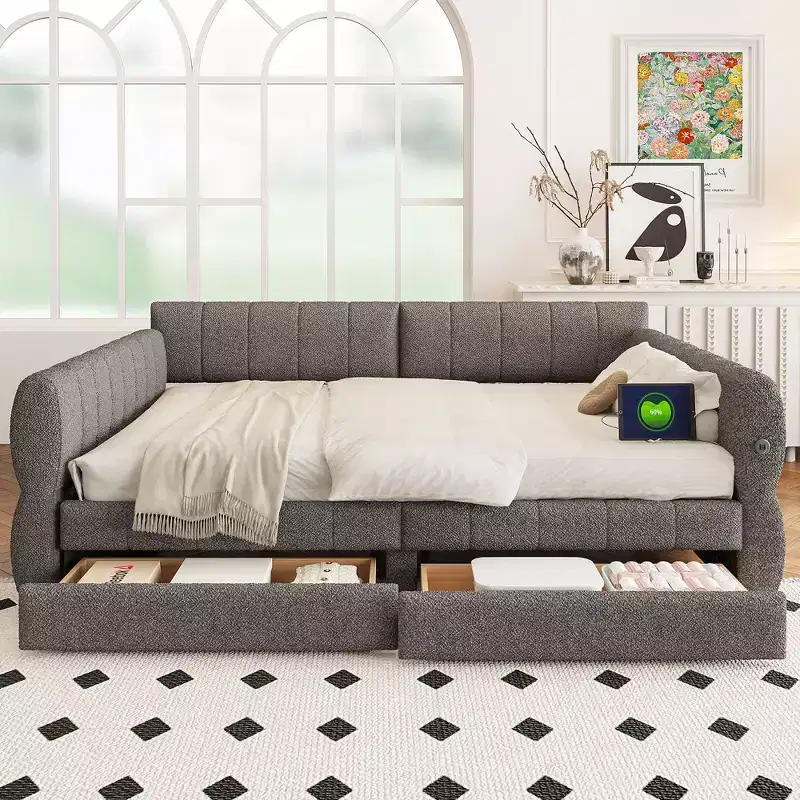 Queen Size Platform Bed, Upholstered Storage Bed Frame with USB Ports and 2 Drawers/Trundle