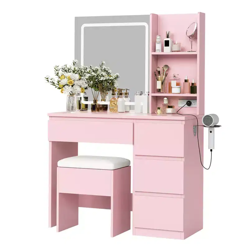 Vanity Desk with LED Mirror - Makeup Vanity Desk with 4 Drawers, Power Outlets, Storage Stool, Storage Shelves, and Hair Dryer Holder