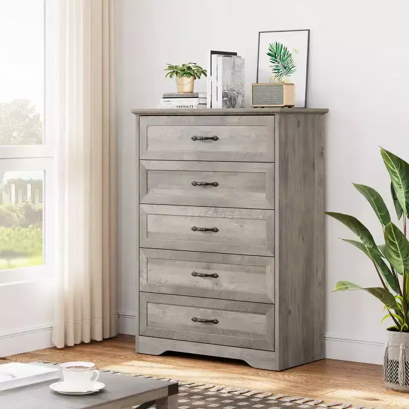 5/6 Drawer Dresser, Farmhouse Chest of Drawer with Metal Handles, Modern Storage Organizer with Anti-Collapse Design, Wooden Tall Dresser