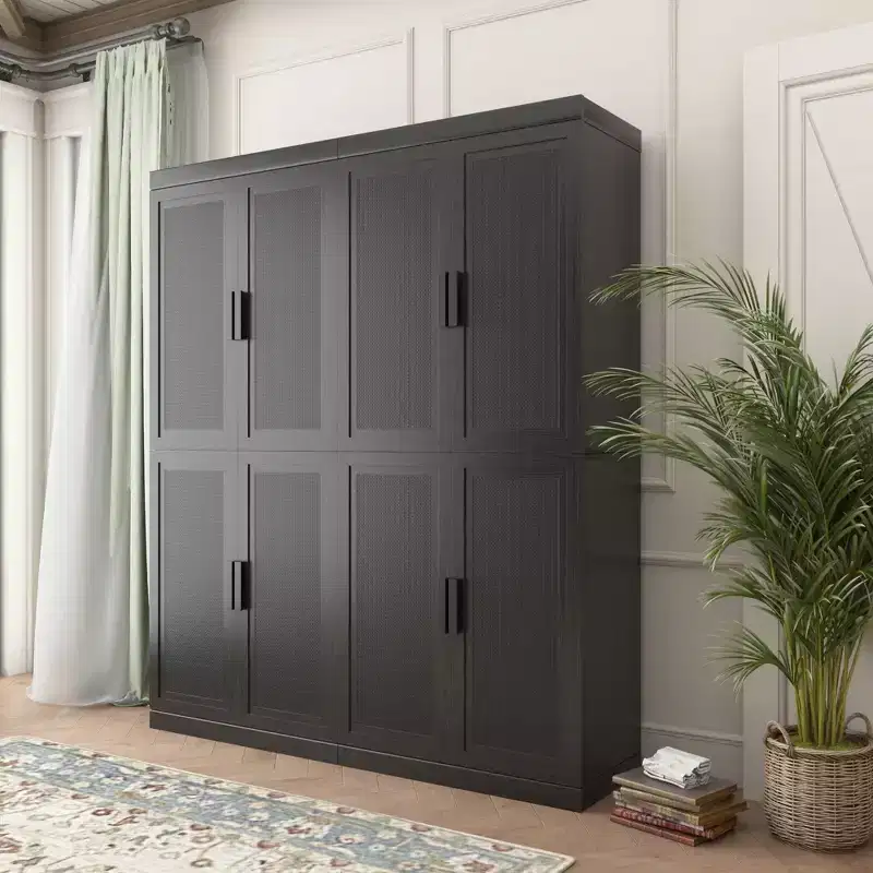 72x62x16 Wood Grain Buffet Cabinet in Black, Storage Organizer with Adjustable Shelves and Rattan Doors for Kitchen Bedroom Entryway Living Room