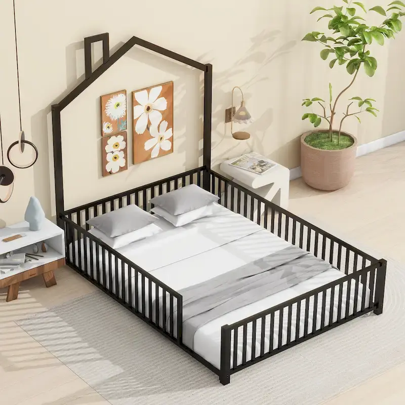 Metal House-Frame Platform Bed Full Size with Guardrails