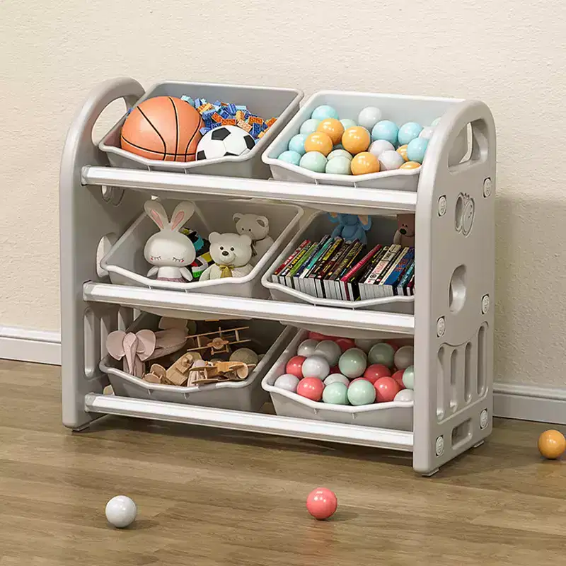 Kids Toy Storage Organizer with 6 Bins, Multi-functional Nursery Organizer Kids Furniture Set Toy Storage Cabinet Unit Grey