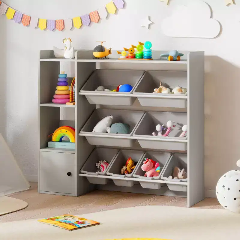 Costway Kids Toy Storage and Bookshelf, Wooden Bookcase with 4 Small Boxes & 4 Large Boxes Gray/White