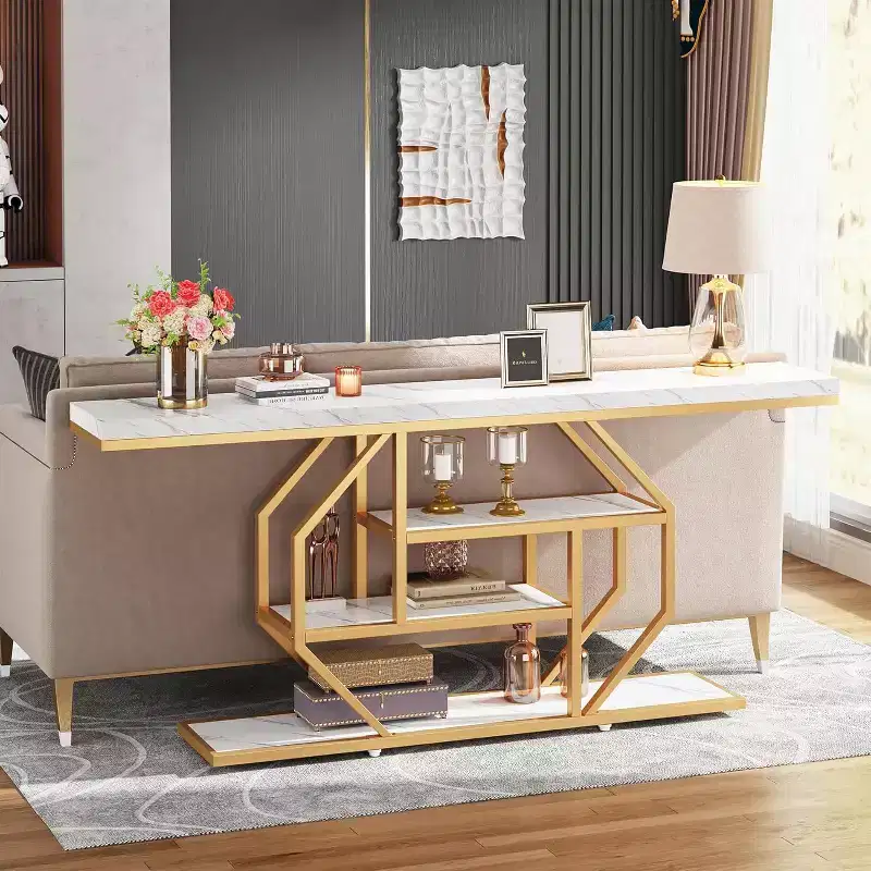 70.9-Inch Extra Long Console Table with 4-Tier Storage, Gold Frame & Faux Marble White Top, Living Room or Hallway