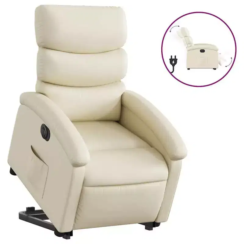 vidaXL Electric Recliner/Lift Chair in Cream Faux Leather - Motorized Armchair with Power Lift/Recline, Side Pocket, Stable Frame for Elderly