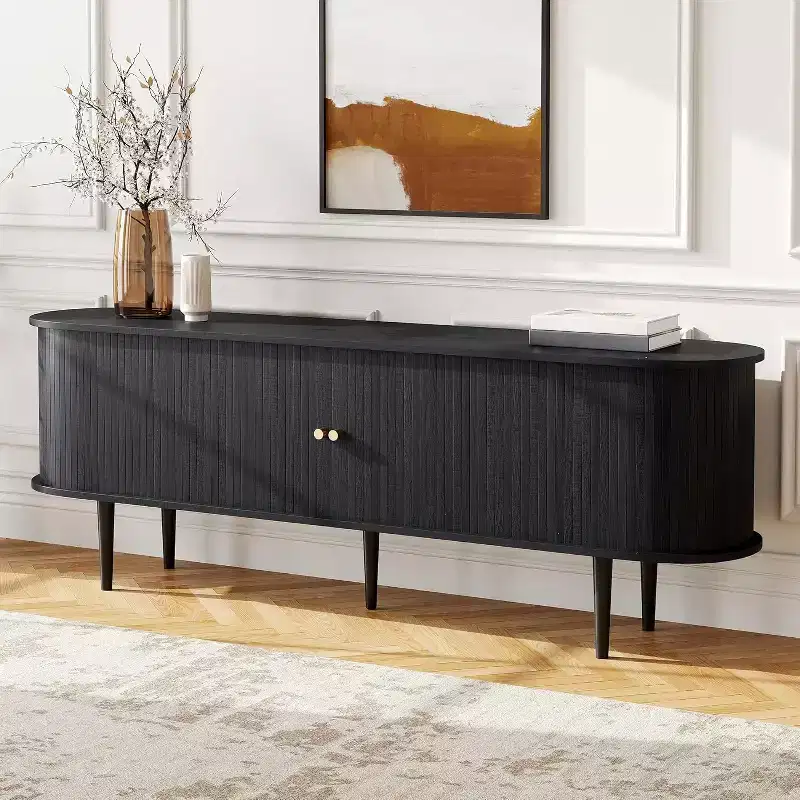 AMERLIFE 70 TV Stand with Solid Wood Legs, Mid Century Modern TV Console with Tambour Door