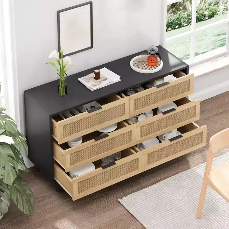 Rattan 6 Drawer Dresser for Bedroom, Dresser Chest of Drawers, Beside Table for Closet, Storage Organizer for Hallway Living Room Bedroom