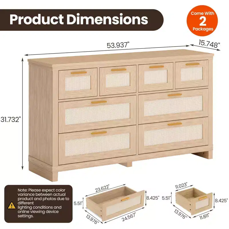 Dresser with 8 Drawers, Boho Modern Wooden Chest C Space-Saving Storage for Bedroom, Rattan & Lacquered Finish