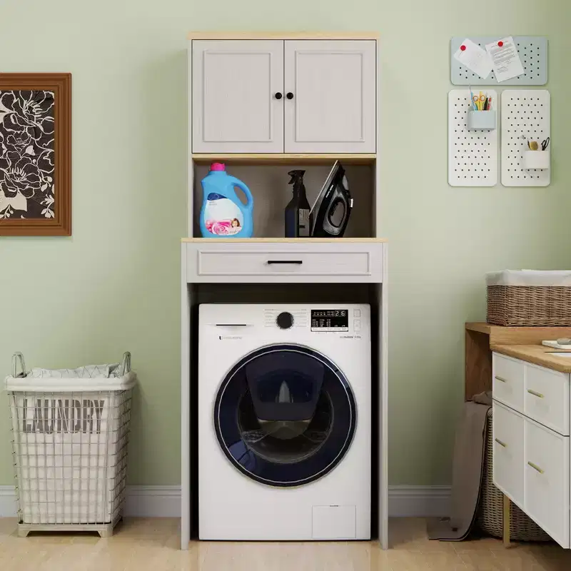71.65''H Modern Over the Washing Machines Storage Cabinet with Adjustable Shelf, Fake Drawer and 1 Door