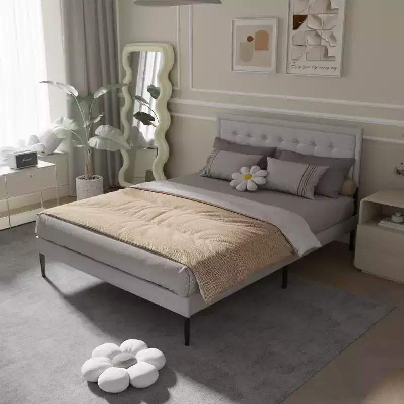 GDFStudio Vira Contemporary Iron Platform Bed Frame with Wooden Slats and Upholstered Headboard