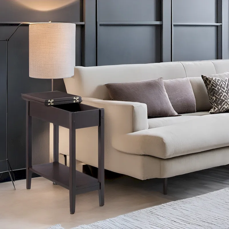 Narrow Wooden Flip Top End Table with Storage