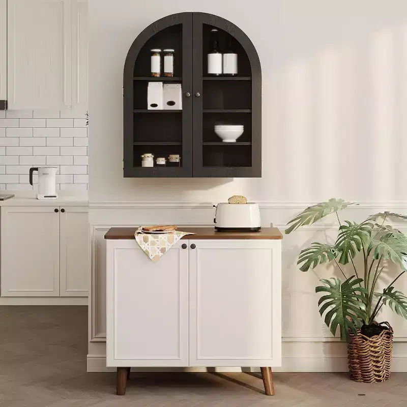 Wall Mounted Bathroom Cabinet with Glass Doors, Arched 4-Tier Storage Organizer, Adjustable Shelf Medicine Cabinet, 24W x 28H x 9D