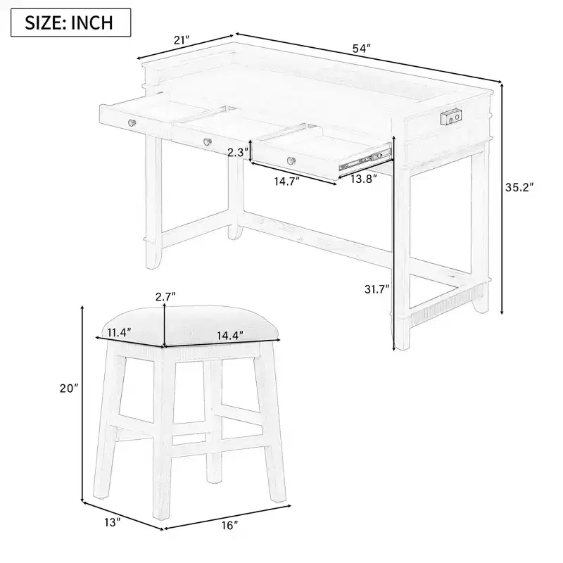 Whisen 4-Piece Dining Bar Table Set with 3 Upholstered Stools and 3 Drawers