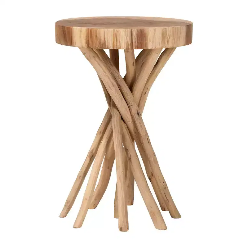 Natural Teak Wood Round End Table – Bohemian Carved Sculpture Base