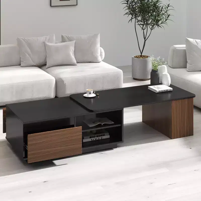 Modern Extendable Coffee Table with 2 Drawers & 2-Tier Shelves, Living Room Center Table