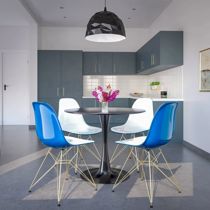 5-Piece Dining Set with 35 Round MDF Table and 4 ABS Plastic Side Chair with Gold Metal Legs