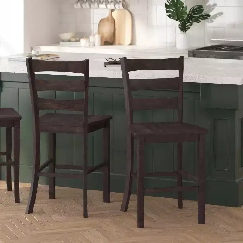 Set of Two Classic Wooden Ladderback Counter Height Barstools with Solid Wood Seats