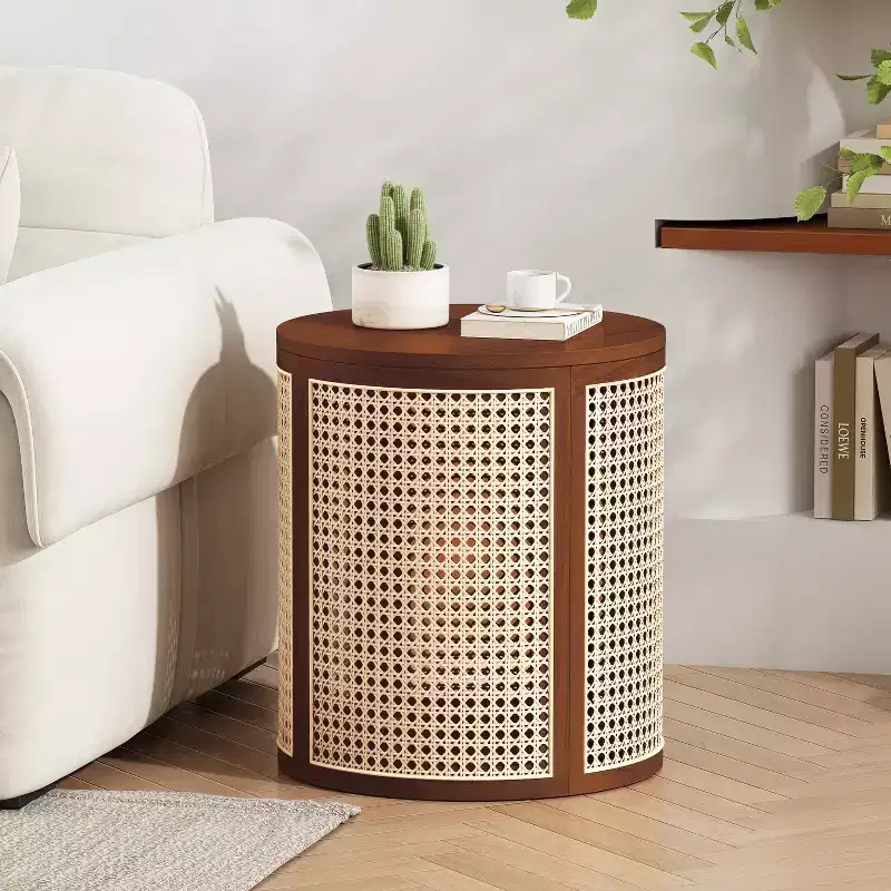 15.70-inch Round Accent Table, Openwork Weave Rubberwood Nightstand, Rattan Coffee Table, Dark Brown