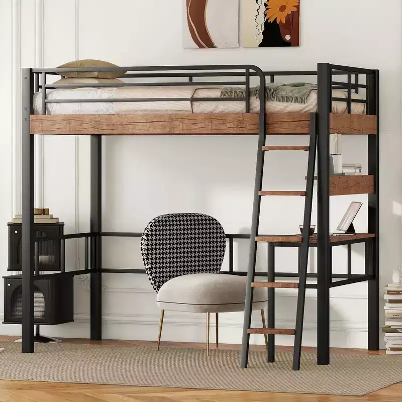 Twin Loft Bed with Desk, Ladder & Bookshelves, Heavy Duty Metal Frame, Space-Saving Design, Black