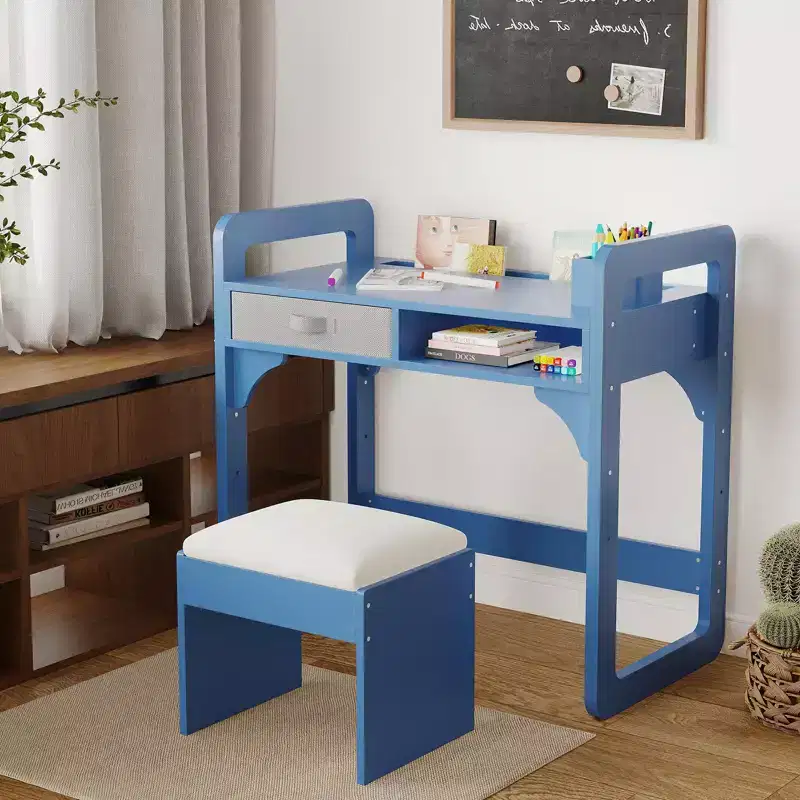 Kids Desk and Chair Set, Study Desk for Boys and Girl, Wooden Kids Writing Table with Cloth Drawers and Pen Holder
