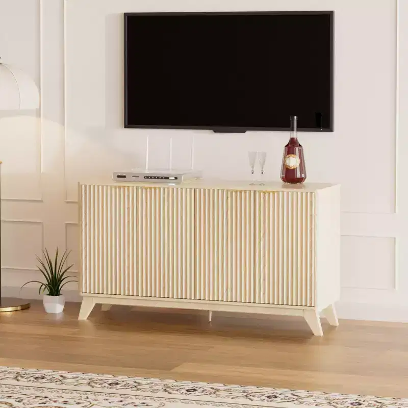 Fluted Sideboard Buffet Cabinet with Storage, Doors and Adjustable Shelves, Natural Oak