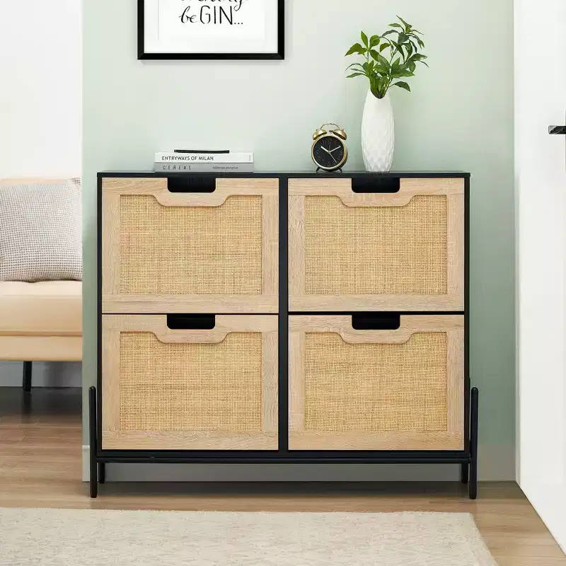 Rattan Shoe Cabinet Organizer for Entryway with 4 Doors, Adjustable Shelves,Holds 20 Pairs, Modern Storage Furniture, Spacious Storage Capacity