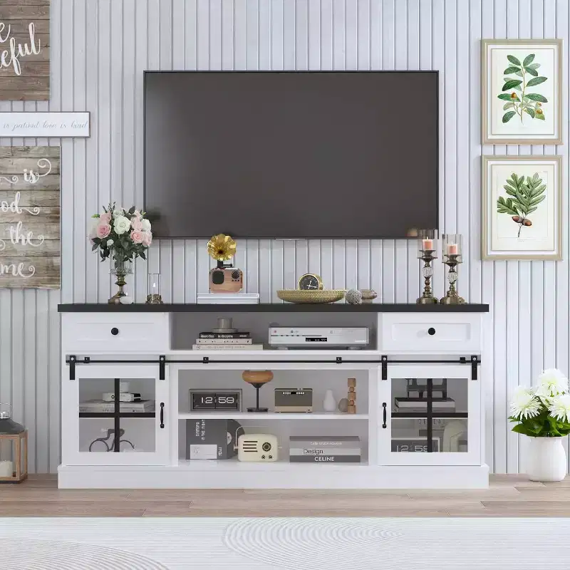 Farmhouse TV Stand for 75 TV, 66 Media Console with 2 Drawers, Power Outlets, Barn Doors & Adjustable Shelves